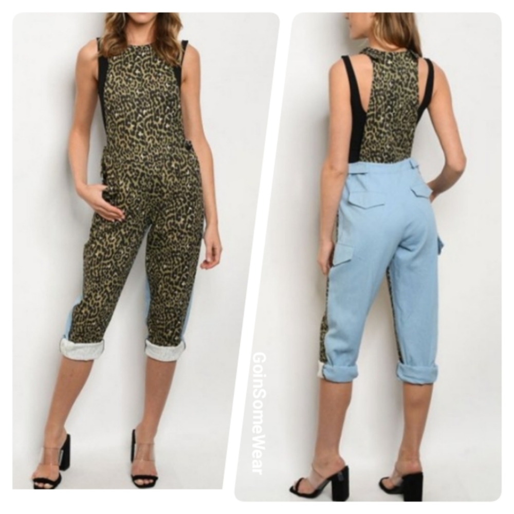 Light Blue and Olive Leopard Print Overall Jumpsuit Sizes: Small, Medium, Large